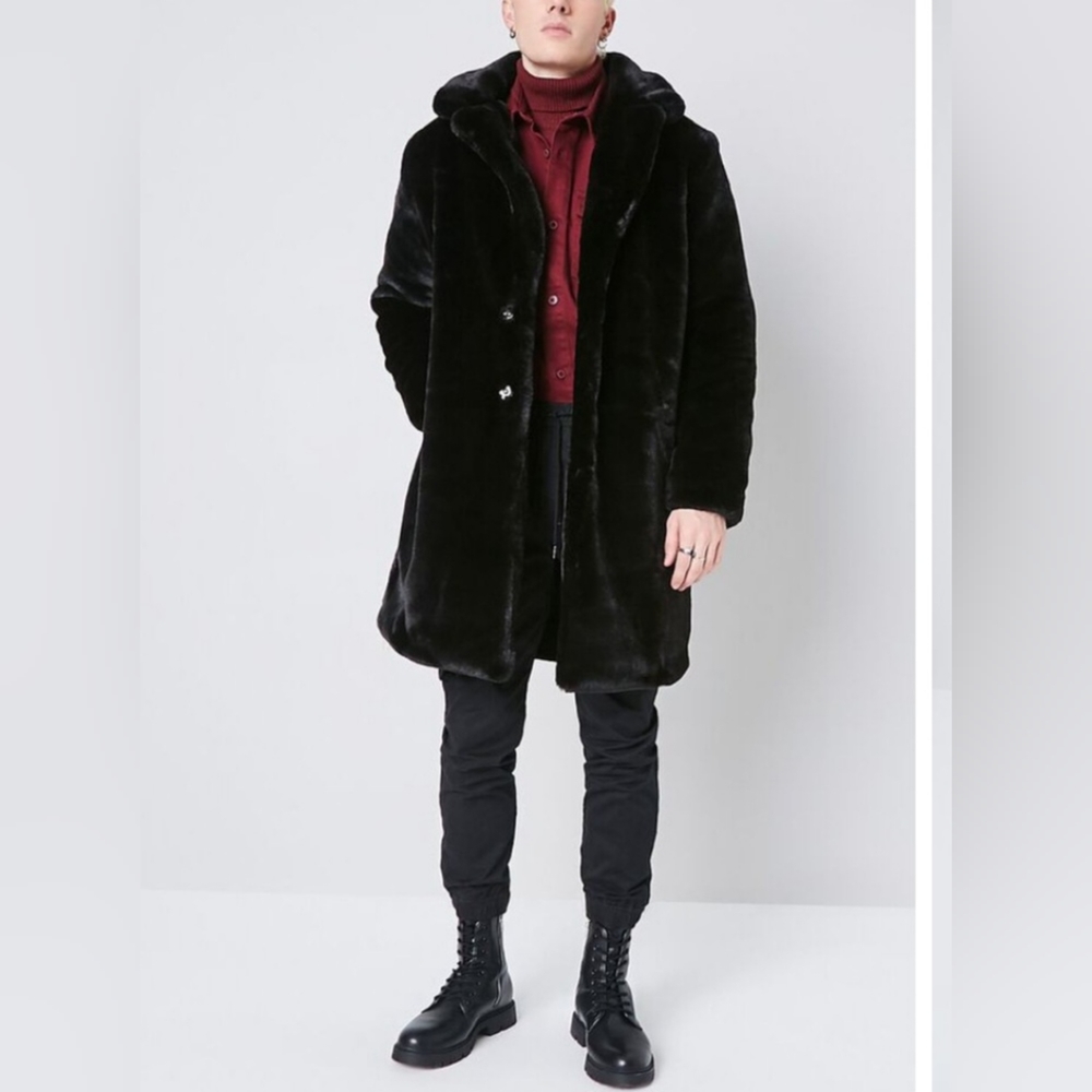 Forever 21 Men's Faux Fur Longline Coat, Size L
